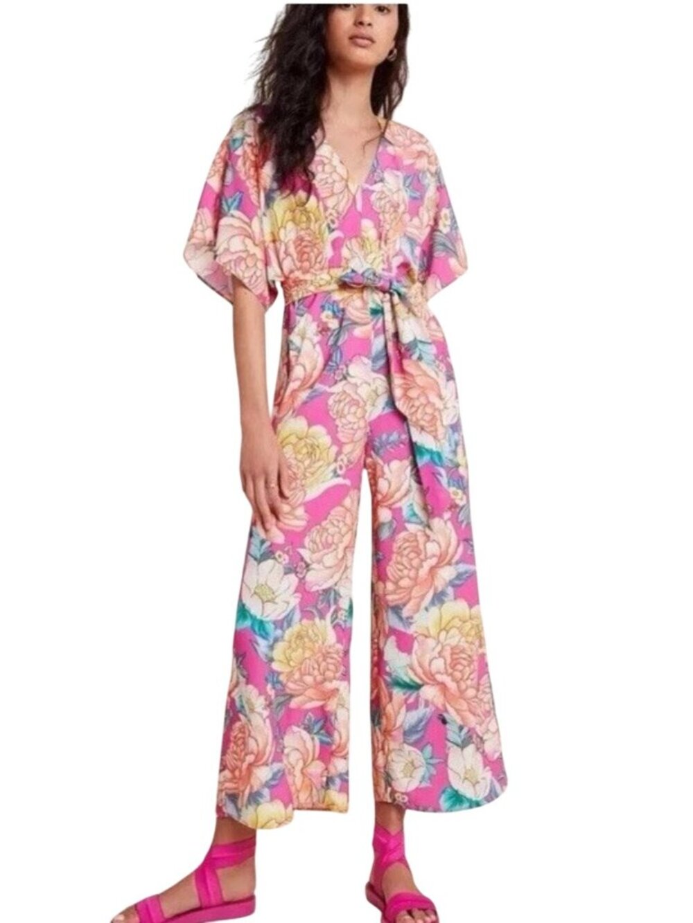 Farm Rio Anthropologie Eulalie Floral Jumpsuit Sz‎ SM Wide Leg Dolman Tropical